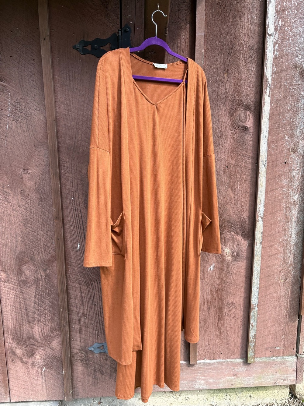 Carly Jean LA Burnt Orange Ribbed Spaghetti Strap Maxi Dress & Open Cardigan